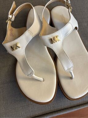 Michael Kors White Leather T-Strap Sandals with Gold MK Accents